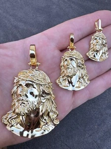 HEAVY Real Solid 925 Silver 14k Gold Vermeil Plain Jesus Piece Pendant Necklace - Picture 1 of 24