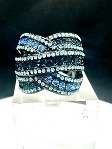 Black band sapphire blue cocktail stainless steel stamped sparkling - Picture 1 of 7