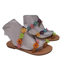 Embroidered Multicolored flower strappy flat summer Beachy toe loop sandals 40 - Picture 1 of 9