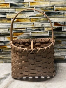 Vintage Primitive Split Oak Divided Wooden Basket Bent Wood Handle - Picture 1 of 9
