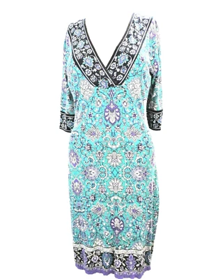 Studio1 女式小号佩斯利绿松石黑色 3/4 袖 V 领套衫连衣裙 — 第 1/4 张图片