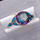 10 mm Rund Regenbogen Mystischer Topas Ozeanblau Feuer Opal Silber Schmuck Ring Größe 10