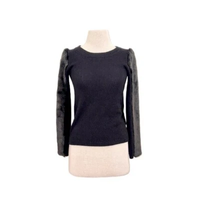 Club Monaco New With Tags Black Irina Faux Fur Sleeve Ribbed Crew Sweater Sz XS - Image 1 of 4