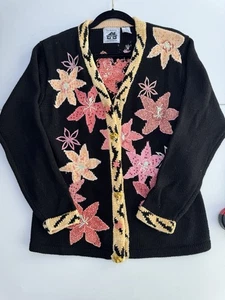 HSN Storybook Knits Tiger Lily Floral Beaded Sequin Black Cardigan Sweater M - Picture 1 of 5
