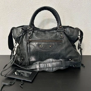 BALENCIAGA The City 2way Handbag Shoulder Bag Leather Black Used 112503 - Picture 1 of 9