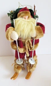 LRG VINTAGE SCI BABBO NATALE ORNAMENTO VELLUTO TUTA PELLICCIA RIVESTIMENTO LEGNO BASTONCINI DA SCI LEGNO SCI - Foto 1 di 7