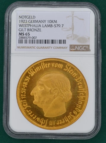 1923 Westphalia Notgeld 10,000 Mark Lamb 579.7 Graded by NGC as MS 65 Cover