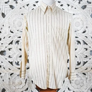 Camisa De Colección Años 70 Beige Rayas Abotonada Dramático Cuello Punta, Retro Mod Grande - Imagen 1 de 9