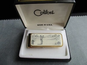 Vintage Faux Scrimshaw 2" Money Clip by COLIBRI Golfer signed Boucher Gold Metal - Picture 1 of 7