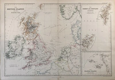 Mapa antiguo original de las Islas Británicas y el Mar del Norte de 1860, Islas del Canal Foto 1 de 2
