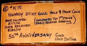 (5 EA) 2014-W PROOF KENNEDY 50TH ANNIVERSARY 24 KT GOLD HALF DOLLAR-UNOPENED BOX