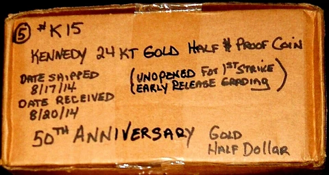 (5 EA) 2014-W PROOF KENNEDY 50TH ANNIVERSARY 24 KT GOLD HALF DOLLAR-UNOPENED BOX Cover