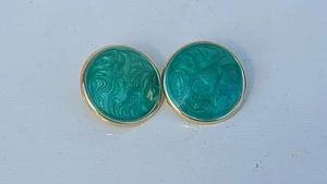 Vintage 1980's Gold Tone And Green Marbled Enamel Earrings - Picture 1 of 5