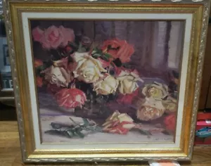 Antico dipinto ad olio rose Joseph Kleitsch riproduzione con cornice oro - Foto 1 di 7