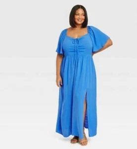 Blue Flutter Sleeve Sweetheart Neckline Maxi Dress with Pockets Size 1X 16 Plus - Picture 1 of 9