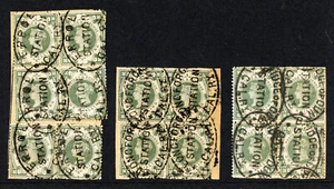 1887 1/- grüne "Jubiläumsausgabe" 3 Viererblöcke + Paar auf Stück mit Station d.S - Bild 1 von 1