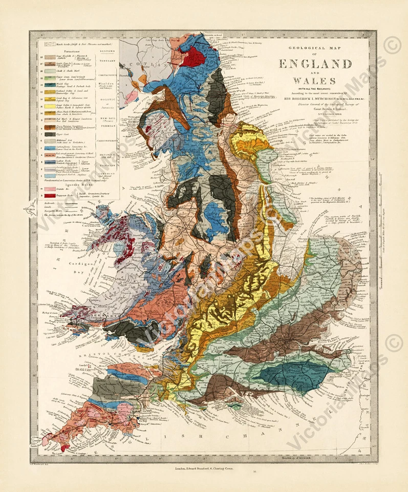 mapa geológico antiguo Inglaterra Gales R Murchison 1842 Cartel de arte geológico británico Foto 1 de 4