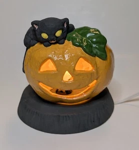 Vintage Halloween Pumpkin Light With Black Cat, Working Lamp, Ceramic - Picture 1 of 9