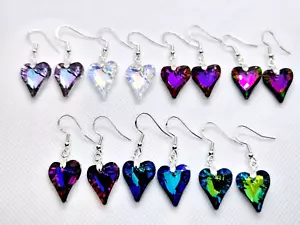 CRYSTAL HEART EARRINGS 925 SILVER HOOKS 4CM DROP - 7 COLOURS AVAILABLE - Picture 1 of 9