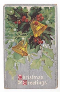 1909 STELLA NEBRASKA CHRISTMAS GEETINGS HOLLY BELLS VITNAGE POSTCARD NE AUBURN ! - Picture 1 of 2