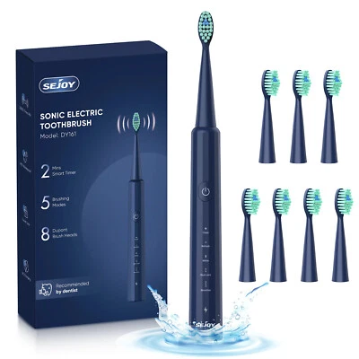 SEJOY Sonic Electric Toothbrush USB Rechargeable with 8 Duponts Brush Heads & 5 Modes