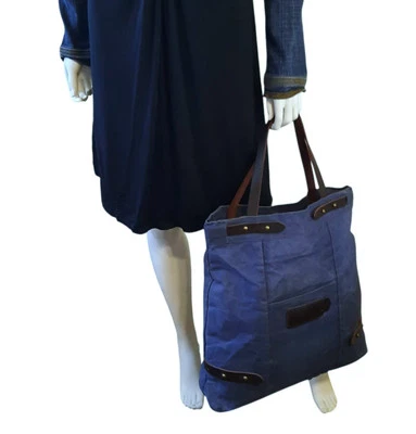 Bolso Shopper Alto ZARA MAN Unisex Azul Marino Encerado Algodón Lona con Borde de Cuero Foto 1 de 4