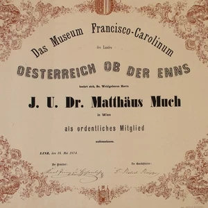 Mitgliedschaftsurkunde Matthäus Much Museum Francisco-Carolinum Linz 1874 - Picture 1 of 3