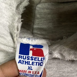 VTG 90s Russell Athletic Made In USA Blank DISTRESSED Hoodie Sweatshirt 27x27 XL - Picture 1 of 20