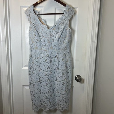 ELIZA J Size 12Petite Sheath Dress Midi Baby Blue Lace Overlay Sleeveless Formal - Image 1 of 4