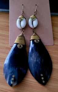 African Handmade Bone Mask Brass Dangle Earrings - Picture 1 of 2