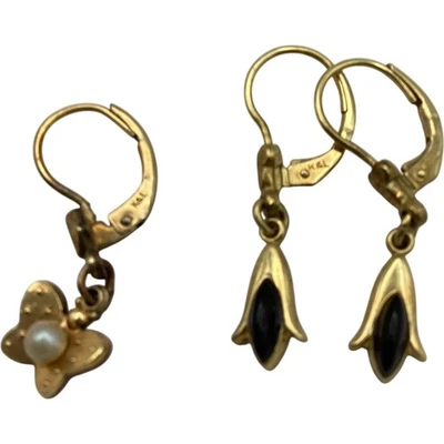 14ct Gold Earrings with Black Stone and Pearl Leverback TH - Image 1 of 4
