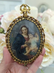 Antique  Gold Ornate Frame  Madonna & Child Miniature Portrait Bow Print Picture - Picture 1 of 6