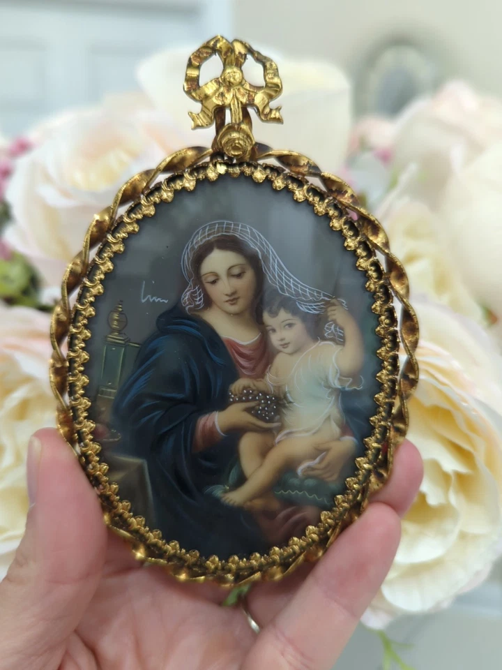 Antiguo marco dorado ornamentado Madonna & Child miniatura retrato arco impresión imagen Foto 1 de 4