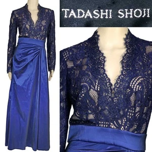 Tadashi Shoji Formal Evening Gown Blue Eyelash Illusion Lace Taffeta Skirt 4 - Picture 1 of 8