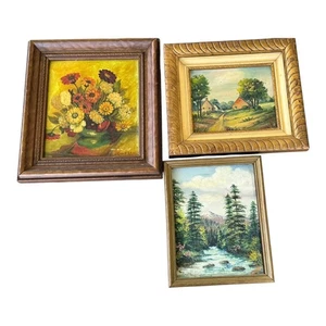 Vintage 40er 50er Jahre gerahmtes Ölgemälde 3er Set signiert Landschaft Blumenkunst - Bild 1 von 8