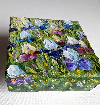 ORIGINAL OIL impasto Painting "Irises " 4"X4" X 1.5" by Olga Diduh. - Image 1 of 4