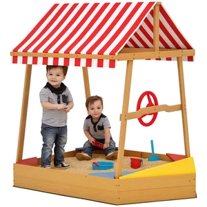 Arenero de madera para niños AIYAPLAY con dosel, asientos, timón y revestimiento inferior - Imagen 1 de 11