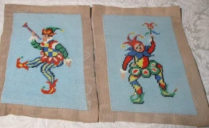 Vintage Needlepoint Jester Clown Panels - Set of 2 Finished Bucilla! 9x11 - Picture 1 of 4