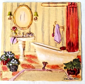 Charlene Wintarle Olson BATHROOM TILE Wall Plaque 3-D 5.5 x 5.5 x .5" - Picture 1 of 8