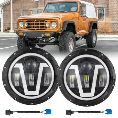 一对 7 英寸圆形 LED 车头灯光环角眼适用于吉普突击队 1966 - 1973 — 第 1/4 张图片