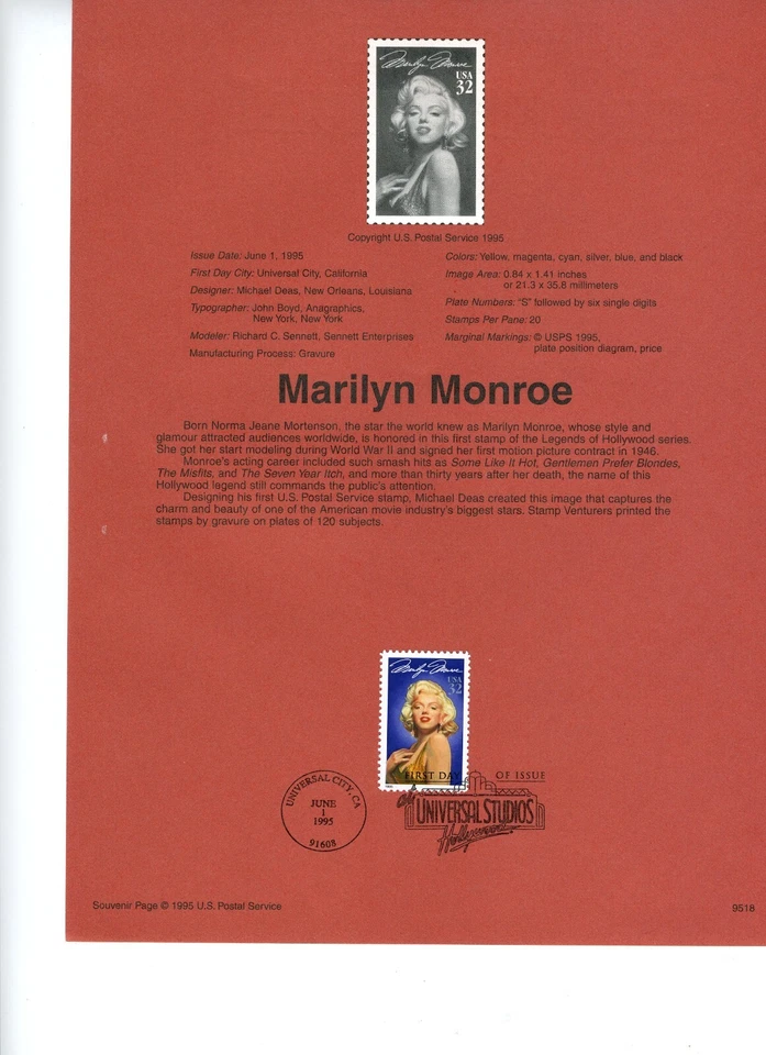 1995 USPS Souvenir Page .32¢ MARILYN MONROE #9515 w/Watermark Archival - Image 1 of 1