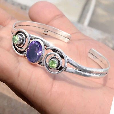 Amethyst Cut & Peridot Cut Gemstone 925 Sterling Silver Bracelet For Everyone - Image 1 of 4