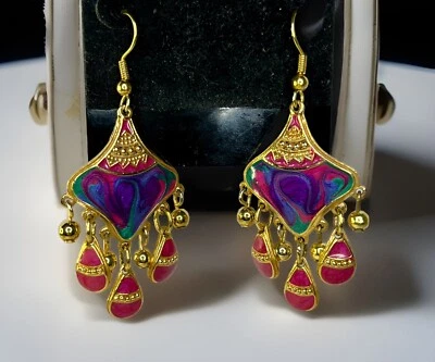 Винтажные серьги Berebi с пирсингом богемные марокканские висячие розовая фиолетовая эмаль золото - Изображение 1 из 4