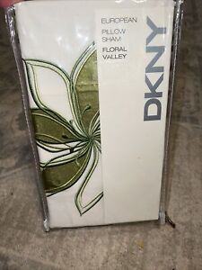 Single (1) DKNY Floral Valley Green Cream Embroidered Euro Pillow Sham NEW