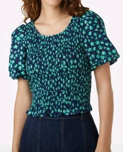Princess Highway Women's Top Sz 12 Navy Green Floral Linen Blend Shirred Stretch - Picture 1 of 18