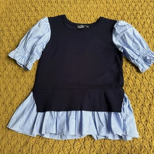 By Anthropologie Blue Striped Layered Poplin Puff Sleeve Sweater Top Sz S Small - Picture 1 of 3