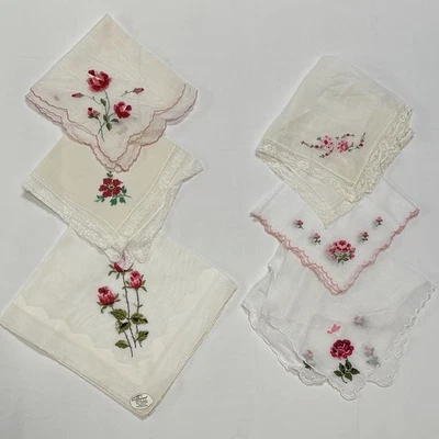 Vtg Lot Of 6 Embroidered Hankies Handkerchief Floral Pink Roses Crafts Cutter #7 - Image 1 of 4