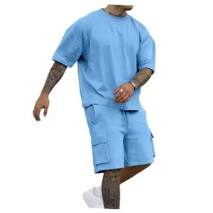 Mens Short Sets 2 Piece Outfits - Casual Summer Short XX-Large Light Blue - Picture 1 of 7