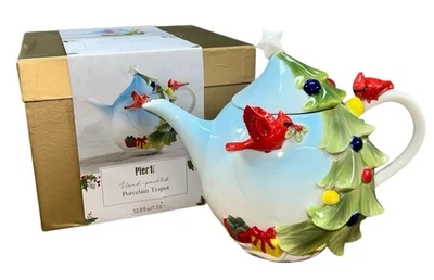 Pier 1 Imports Christmas Tree Teapot Porcelain Cardinal Hand Painted Box (READ) - Image 1 of 4