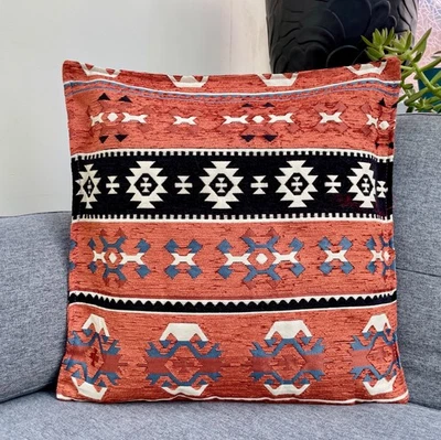 Rust Kilim Cushion Cover 40x40cm, Chenille Pillow Case, Boho Geometric Decor - Image 1 of 4